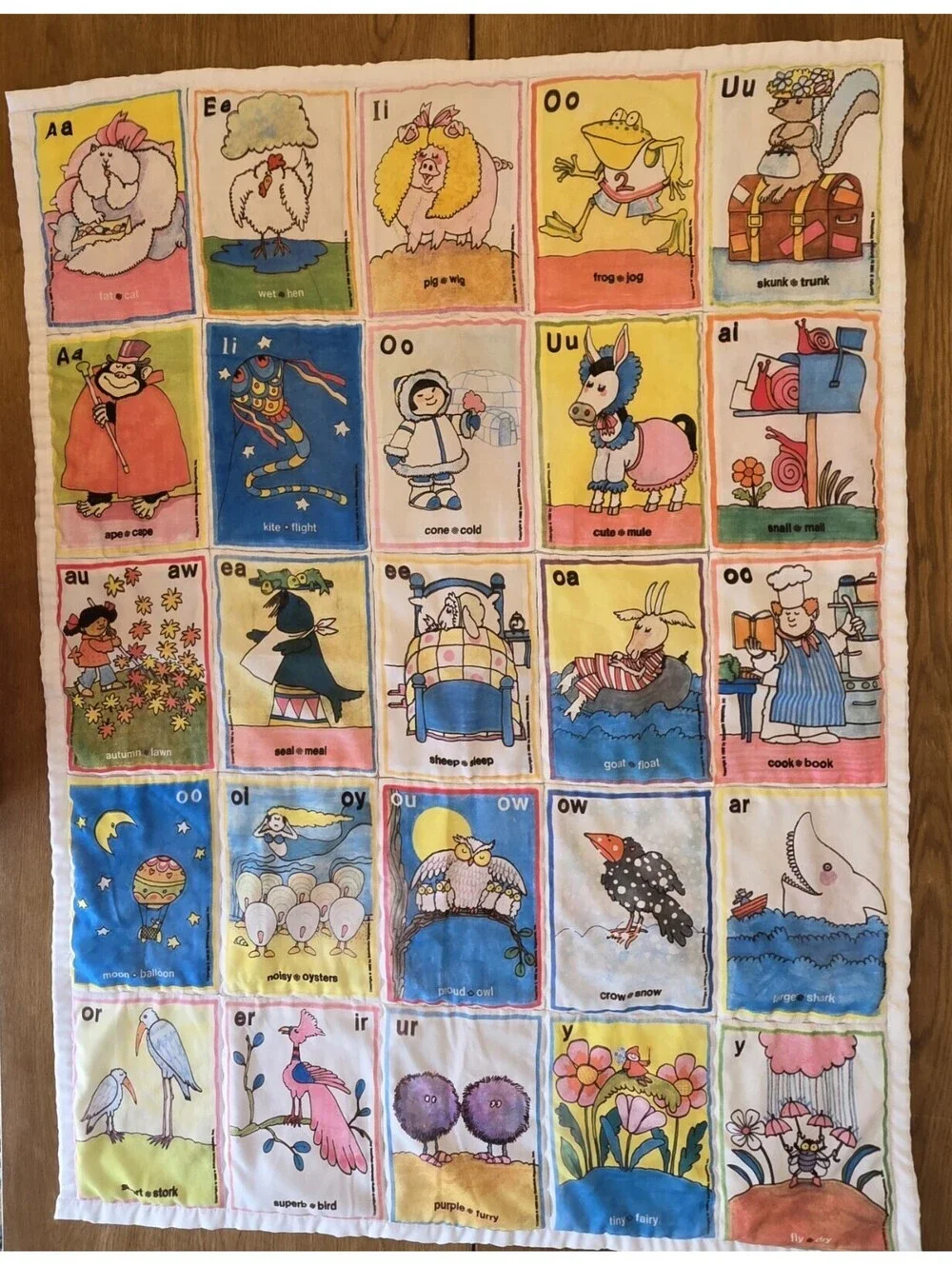 Vintage Handmade Phonics Alphabet Baby Quilt 34x44 Retro Nursery Blanket